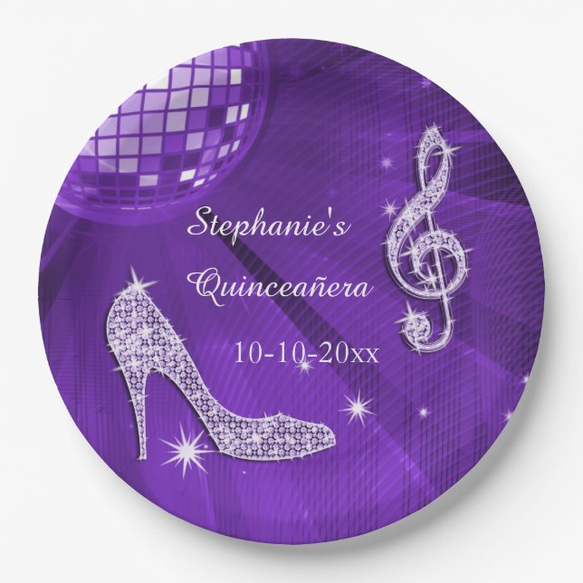 Prato De Papel Bola de Disco Roxa e Saltos Quinceañera (Frente)