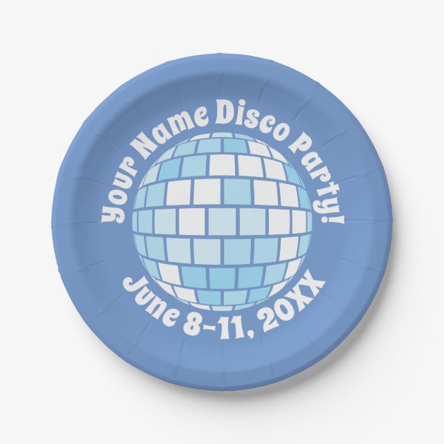 Prato De Papel Bola de Discoteca Azul Retro PERSONALIZADA (Frente)