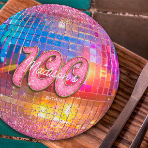 Prato De Papel Bola de Discoteca Brilho Dourado Rosa Festa de 100