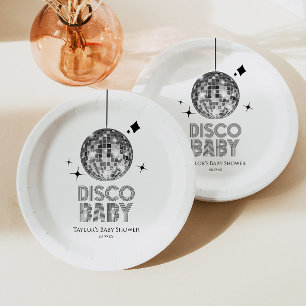 Prato De Papel Bola de Discoteca Prateada 'Bebê Disco' Chá de Beb