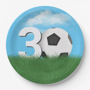 Prato De Papel Bola De Futebol De aniversário de 30 anos Na Grama