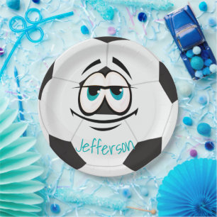 Prato De Papel Bola de futebol preto e branco rosto engraçado