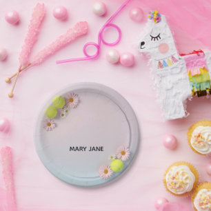 Prato De Papel Bola de tênis com flores fundo cor pastel