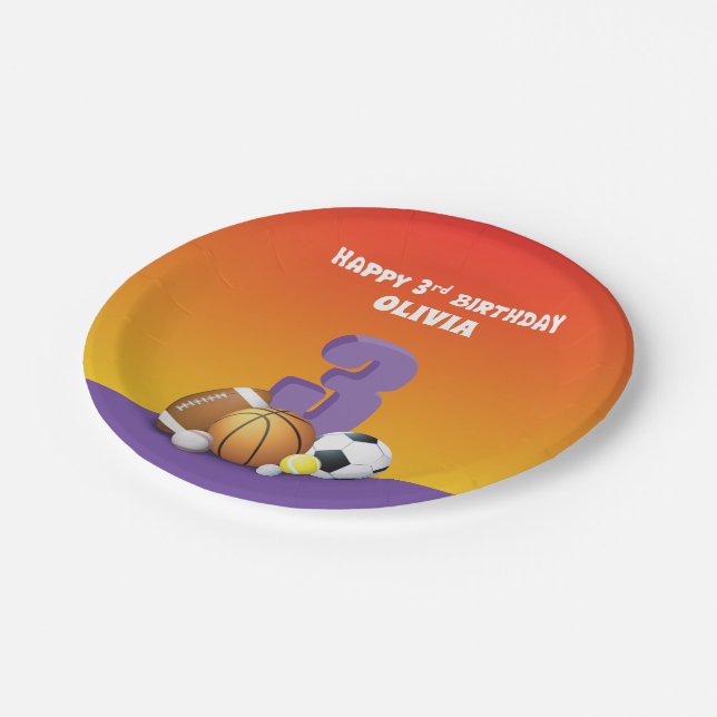 Prato De Papel Bolas de aniversário de 3 anos de Esportes de Meni (Inclinado)