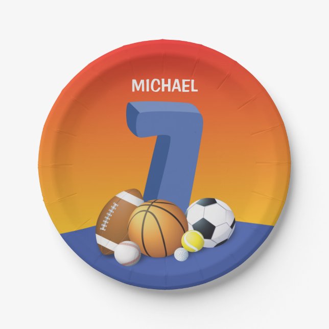 Prato De Papel Bolas de Esportes de Aniversário 7 (Frente)