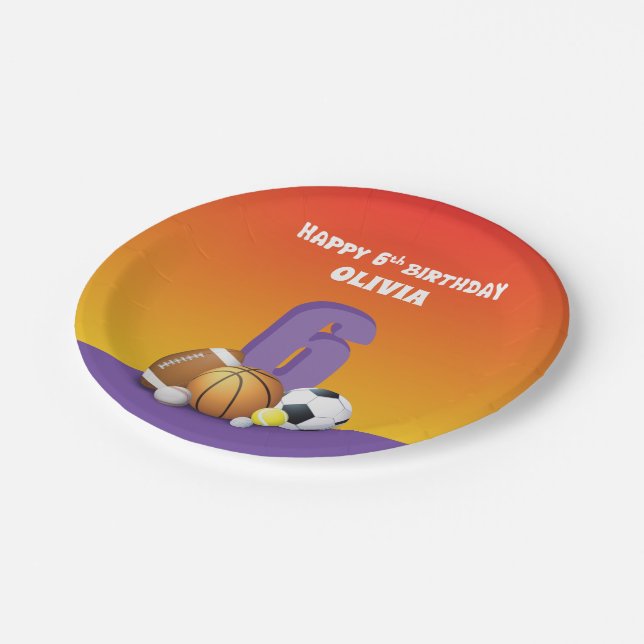 Prato De Papel Bolas de Esportes de Aniversário para 6 de Menina  (Inclinado)