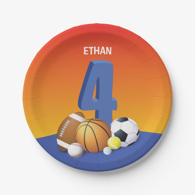 Prato De Papel Bolas de Esportes de Quarto Aniversário (Frente)