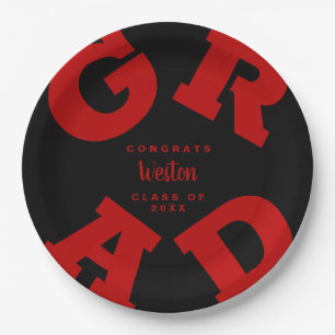 Prato De Papel Bold GRAD Scarlet Red on Black Custom Graduation