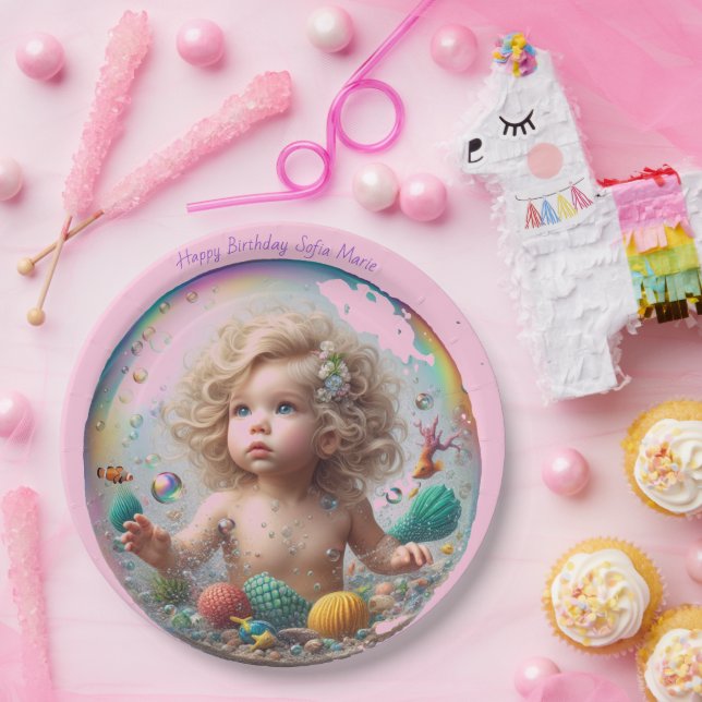 Prato De Papel Bolha de Sereia de Bebê Loura (Festa)