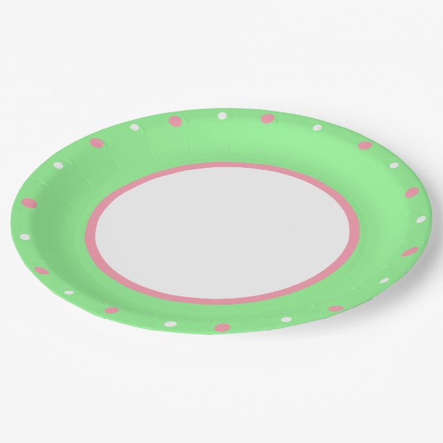 Prato De Papel Bolinhas brancas cor-de-rosa verde (Inclinado)