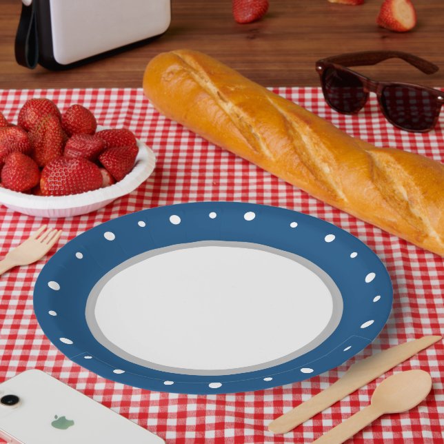 Prato De Papel Bolinhas brancas geométricas azuis profundas (Piquenique)