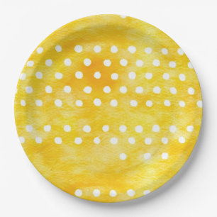 Prato De Papel Bolinhas de Aquarela - Amarelo Terrestre e Branco 