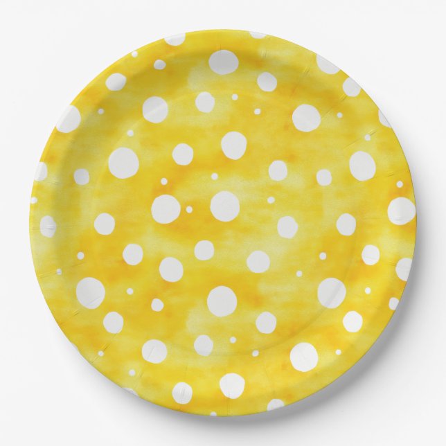 Prato De Papel Bolinhas de Aquarela - Amarelo Terrestre e Branco  (Frente)