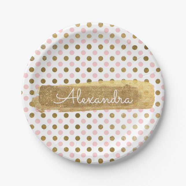 Prato De Papel Bolinhas e faixa de folhas rosa, branca e dourada (Frente)