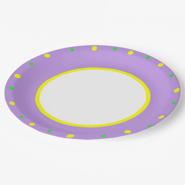Prato De Papel Bolinhas geométricas amarelas roxas (Inclinado)