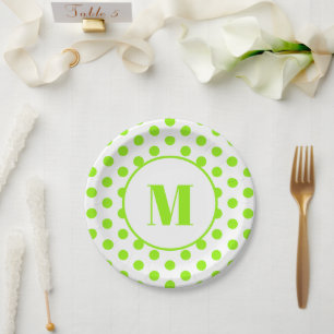 Prato De Papel Bolinhas Monograma Verde limão inicial em branco