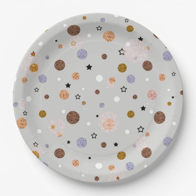 Prato De Papel Bolinhas multicoloridas em cinzas. (Frente)