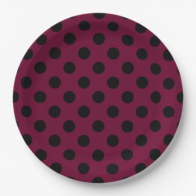 Prato De Papel Bolinhas negras com burgundy (Frente)