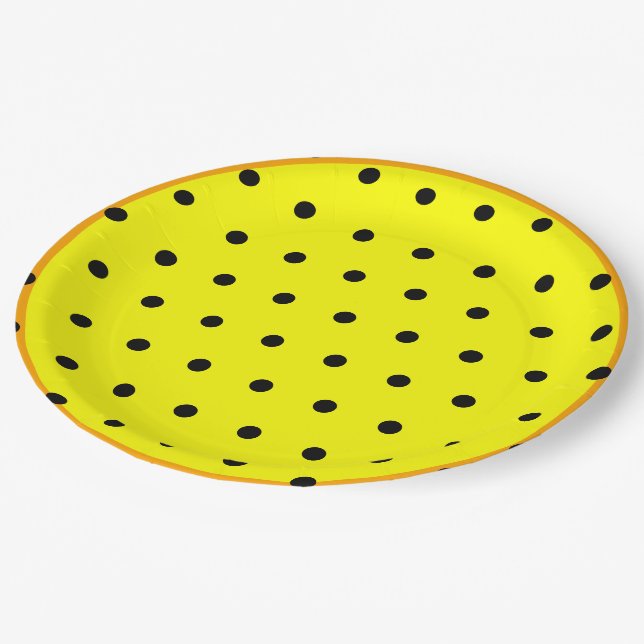 Prato De Papel Bolinhas Pretas Laranja Amarelas (Inclinado)