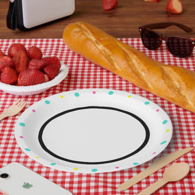 Prato De Papel Bolinhas Turquoise Amarelo-rosa-preto (Piquenique)