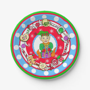 Prato De Papel Bolinhas Whimsic Candy do Natal Elf Boy