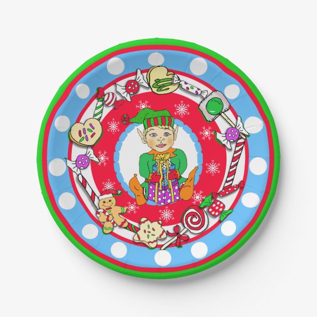 Prato De Papel Bolinhas Whimsic Candy do Natal Elf Boy (Frente)
