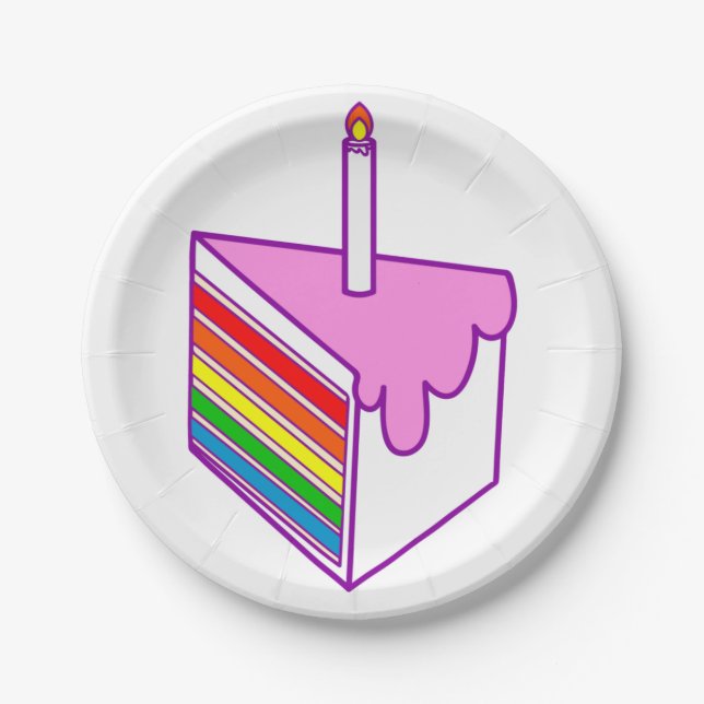 Prato De Papel bolo arco-íris de aniversário feliz (Frente)