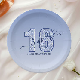 Prato De Papel Bolo Azul Marinho Brilho Script Sweet 16