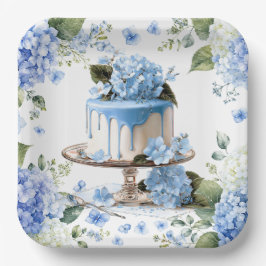 Prato De Papel Bolo com Flores de Hortênsia