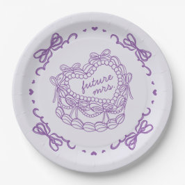 Prato De Papel Bolo Coquette Coração Retro com Laço Roxo Chá de N