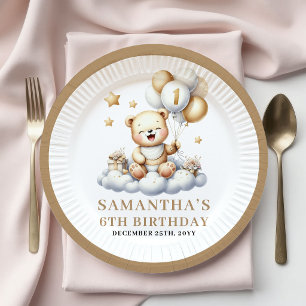 Prato De Papel Bolo de 1º Aniversário Urso de Pelúcia Balão Doura