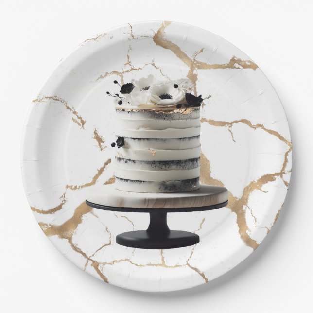Prato De Papel Bolo de Andares Floral Preto e Dourado Black & Whi (Frente)