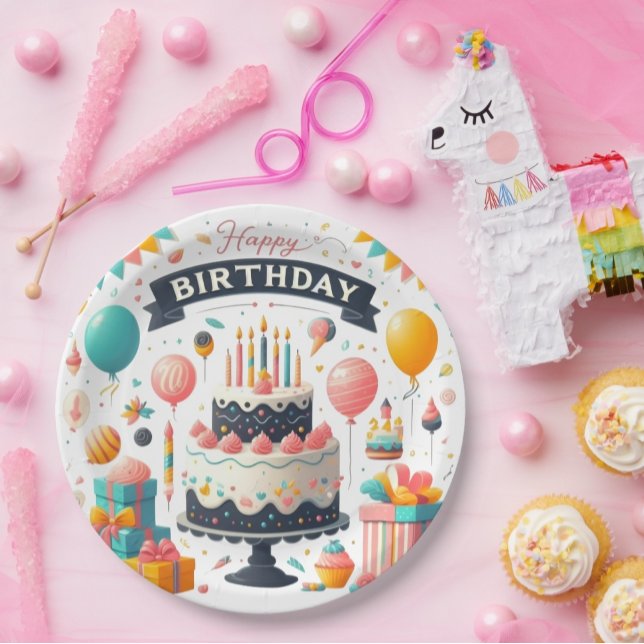 Prato De Papel Bolo de Aniversário Alegre e Balões (Criador carregado)