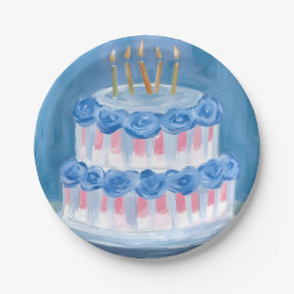 Prato De Papel Bolo De Aniversário Azul Celebração De Festa Aquar