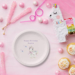 Prato De Papel Bolo De Aniversário Borboletas Unicórnio Rosa Fofo