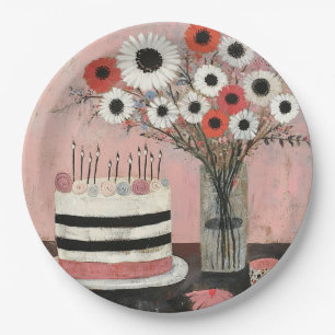 Prato De Papel Bolo de Aniversário Chic e Flores de Gerbera