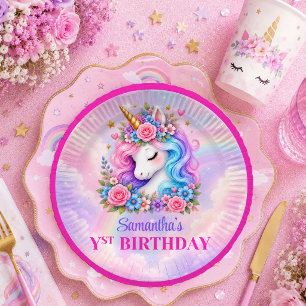 Prato De Papel Bolo de Aniversário de Menina Mágica Unicórnio Enf