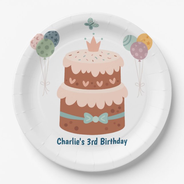 Prato De Papel Bolo de aniversário de Pastel com balões (Frente)