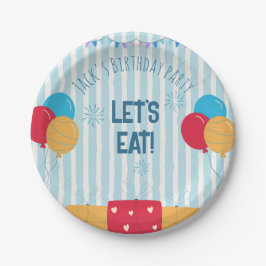 Prato De Papel Bolo de Aniversário Infantil Balão Listrado Azul 
