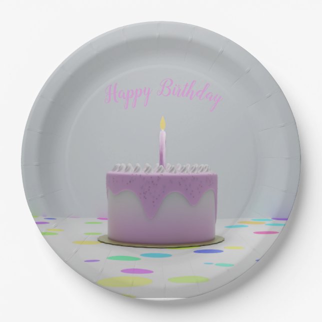 Prato De Papel Bolo de aniversário rosa (Frente)