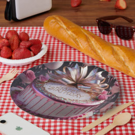 Prato De Papel Bolo de Aniversário Rosa Bege Celebração 