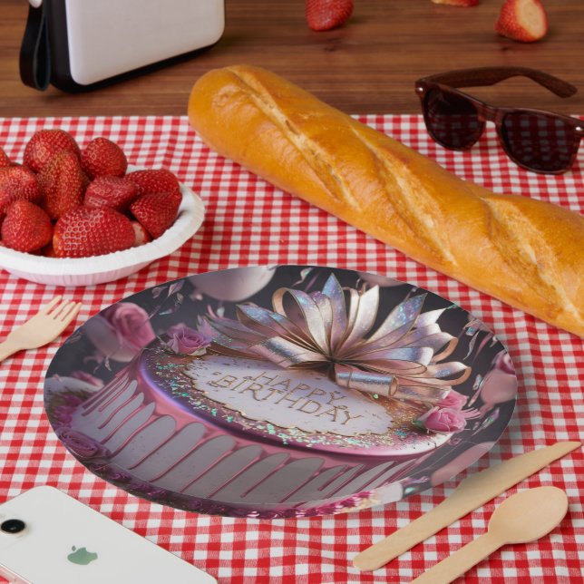 Prato De Papel Bolo de Aniversário Rosa Bege Celebração  (Piquenique)