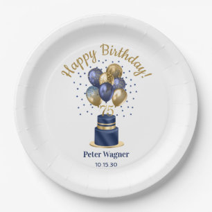 Prato De Papel Bolo de Balão Azul Marinho de 75 Anos de Idade