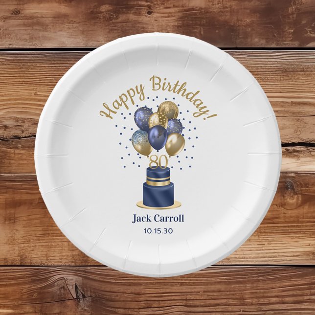 Prato De Papel Bolo de Balão Azul Marinho de 80 Anos de Idade (Criador carregado)