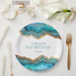 Prato De Papel Bolo de Bar ou Bat Mitzvah em Ágata Dourada Azul