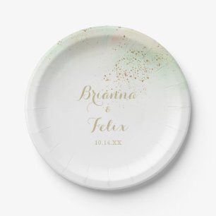 Prato De Papel Bolo de Casamento Confetti Dourado de Aquarela