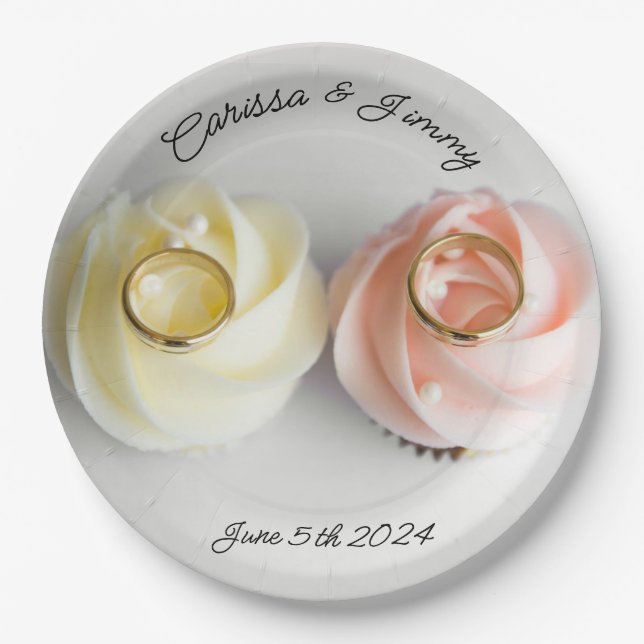 Prato De Papel Bolo de casamento cupcake rosa amarelo (Frente)