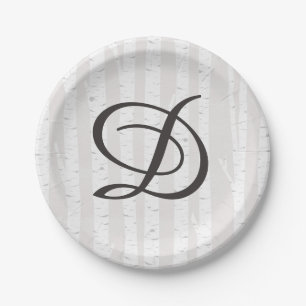 Prato De Papel Bolo de Casamento do Monograma Rustic Tree Birch