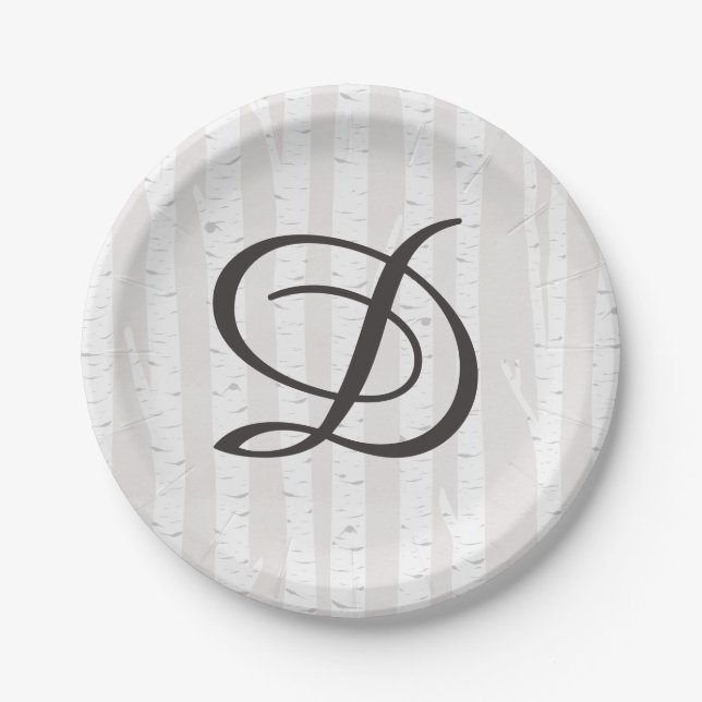 Prato De Papel Bolo de Casamento do Monograma Rustic Tree Birch (Frente)