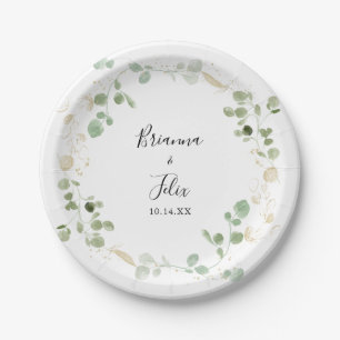 Prato De Papel Bolo de Casamento Dourado de Confetti Eucalyptus F